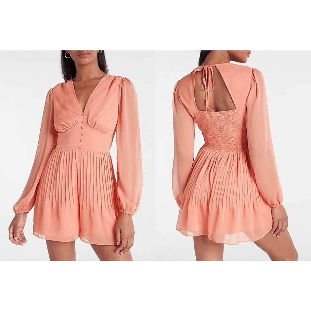 NEW Express Pleated Button Front Romper Pink Women's XS Casual Chic